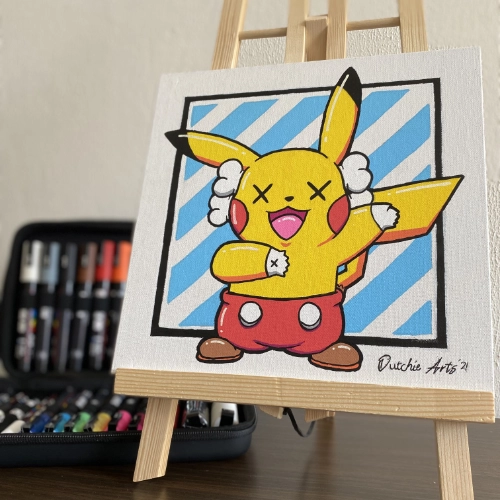 Pikachu in the style of a Kaws companion, wearing red shorts and brown shoes. Blue Off-White stripes in the background